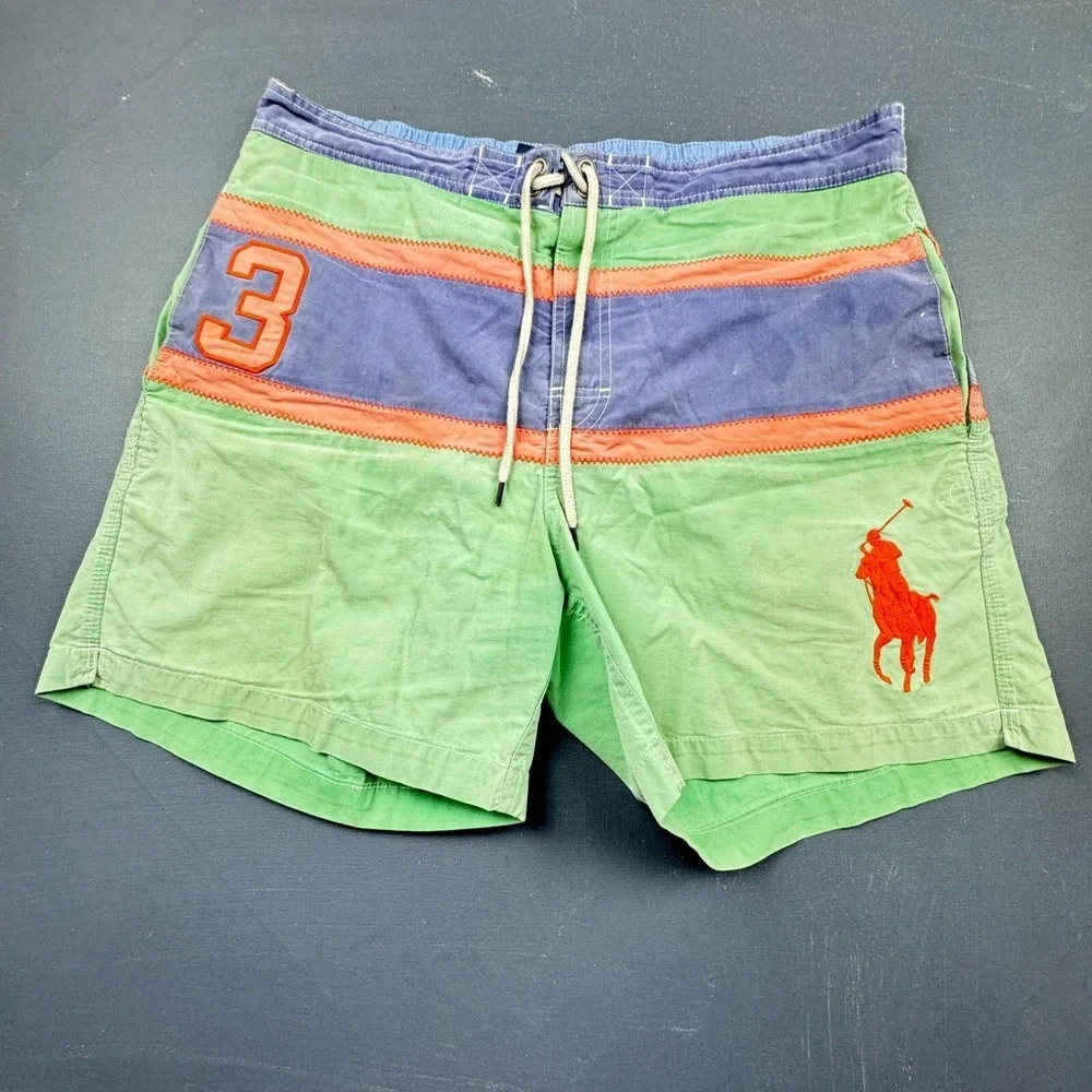 Polo Ralph Lauren Men's Medium Multicolor Striped Big Pony Swim Trunks Lined USA